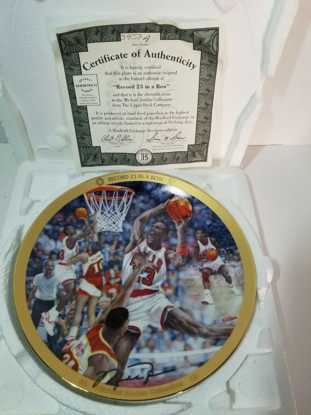 Michael Jordan Collection Plate "record 23 In A Row" Bradford Exchange Plate Coa